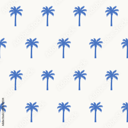 Seamless Palm Tree Textile Print Pattern. Mediterranean Atmosphere. Travel Vacation Rest Theme. Summer Resort Fabric Swatch Doodle Line Art 
 Hand Crafted Decoration. Simple Sketch Outline Drawing.