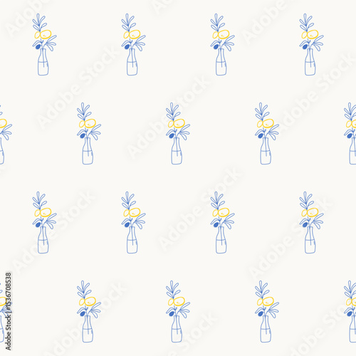 Seamless Olive Branch Textile Print Pattern. Mediterranean Atmosphere. Travel Vacation Rest Theme. Summer Resort Fabric Swatch Doodle Line Art 
 Hand Crafted Decoration. Simple Sketch Outline Drawing.
