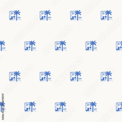 Seamless Textile Print Pattern. Mediterranean Atmosphere. Travel and Vacation Rest Theme. Summer Resort Fabric Swatch Doodle Line Art 
 Hand Crafted Decoration. Simple Sketch Outline Drawing.