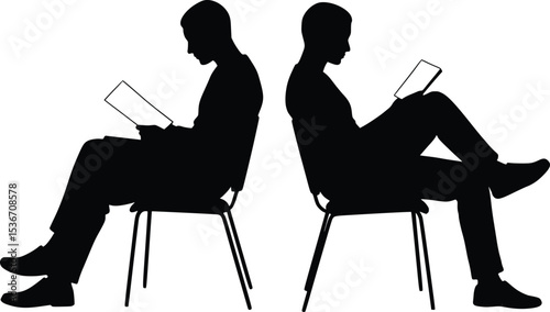 Silhouette illustration of two individuals seated in chairs reading books, focused and calm in minimalist composition

