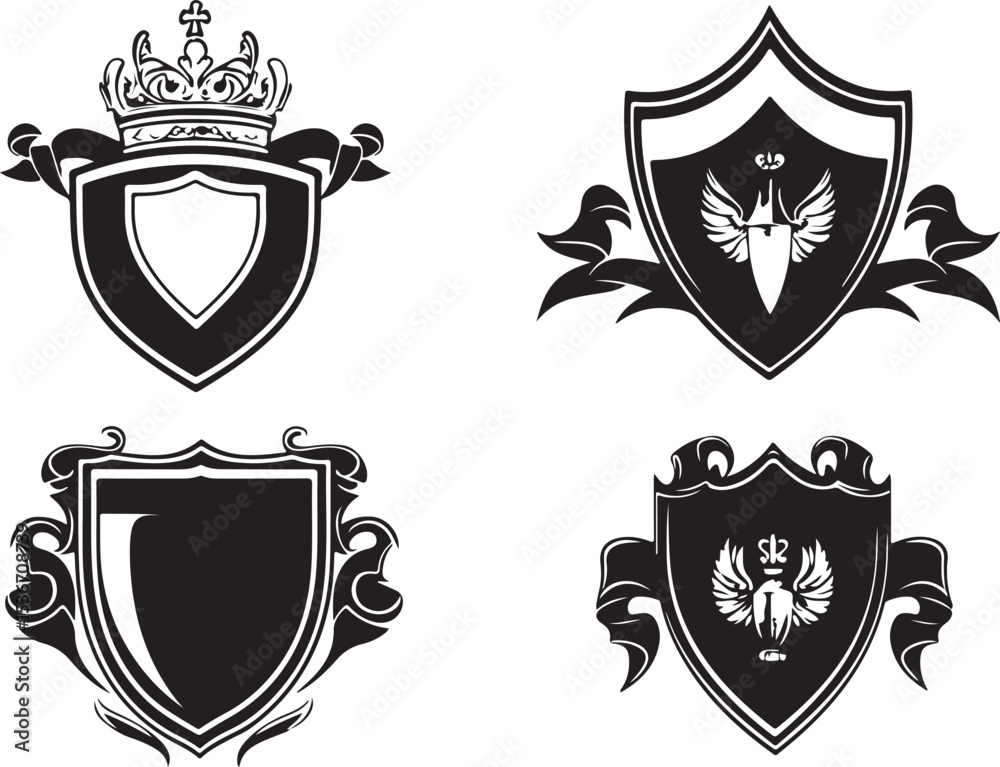Obraz premium Crowned Shield and Lion Emblems Black and White