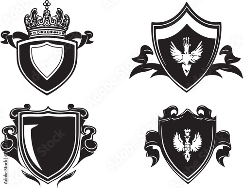 Crowned Shield and Lion Emblems Black and White

