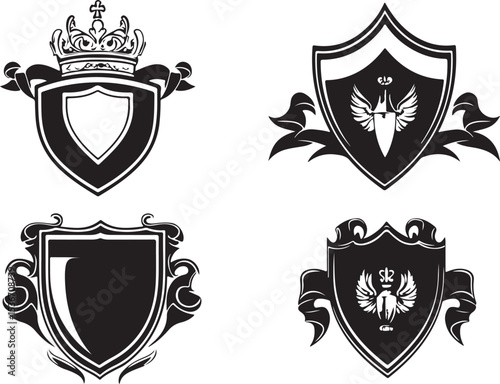 Crowned Shield and Lion Emblems Black and White


