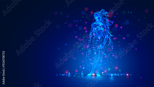A Renaissance woman with flowing hair stands tall in the style of modern computer technology. Abstract figure of a woman consisting of glowing lights. Digital Art wallpaper with beautiful Venus.