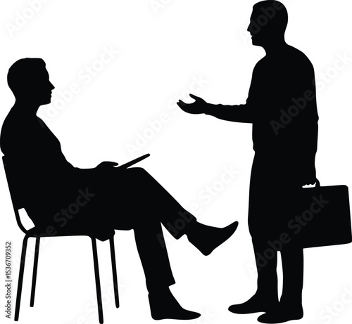 Silhouette illustration of business conversation with one person seated and another standing with briefcase

