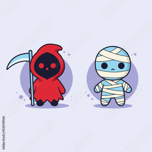 Cute little grim reaper and little mummy, flat design vector illustrations, a fun illustration for Halloween