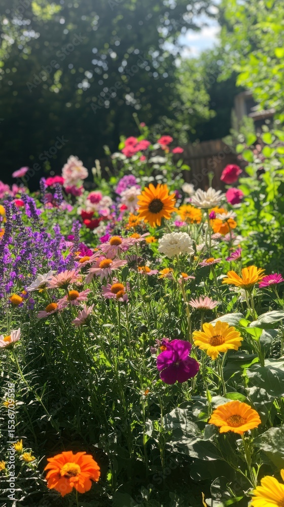 Obraz premium Garden filled with colorful flowers outdoors sunlight blossoms.