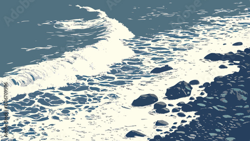 Serene view of waves gently crashing on rocky shore, creating calming atmosphere