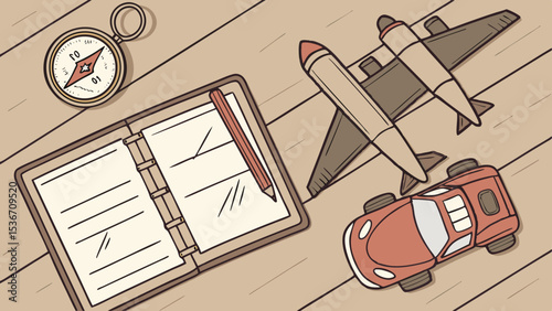 Travel items including notebook, pencil, compass, airplane, and toy car evoke adventure
