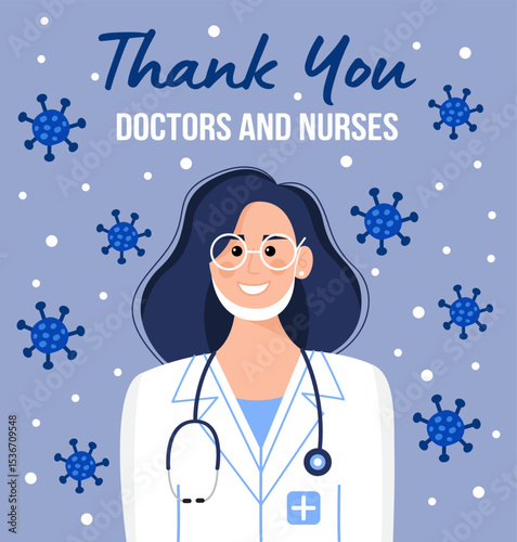 Illustration of a female doctor on a blue background.
