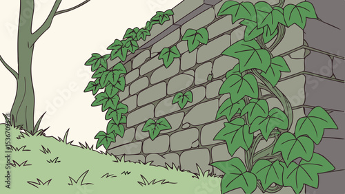 Dense covering of vibrant green ivy climbs textured stone wall, 