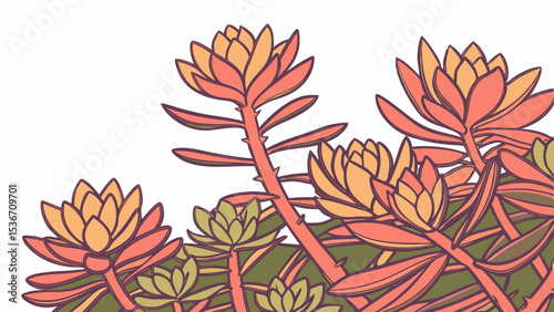 Colorful succulent plants with vibrant leaves and stems create lively composition