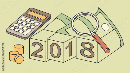 Calculator, magnifying glass, and wooden blocks represent financial analysis in 2018