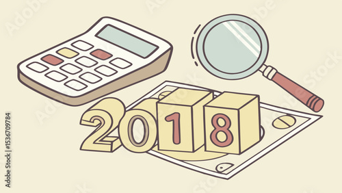 Calculator, magnifying glass, wooden blocks, and money create financial theme for 2018