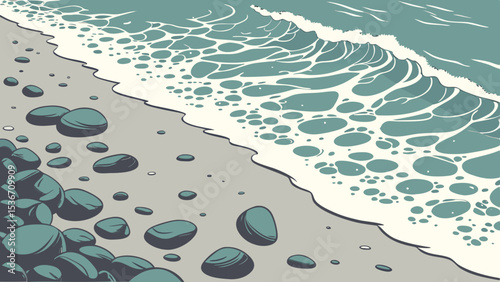 Serene beach scene features smooth stones along shore, with gentle ocean waves lapping at sand