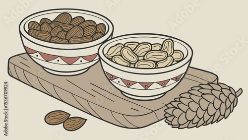 Two bowls of nuts, cashews and peanuts, sit on wooden board, evoking cozy atmosphere