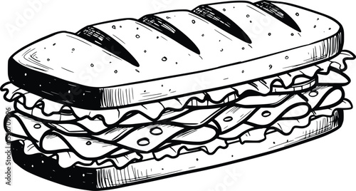 Minimalist sandwich illustration in black line art style with layered ingredients and sliced bread