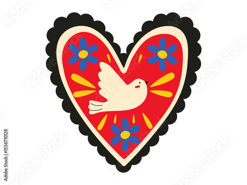 Sacred heart. Traditional Mexican heart. Christian heart with a dove as Holy Spirit. Vector illustration on isolated white background