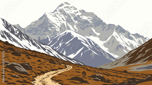 Stunning snow capped mountain range rises majestically above winding path, showcasing nature