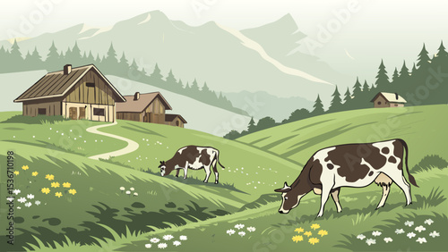 Peaceful cows graze in lush green pasture near rustic farmhouses and mountains