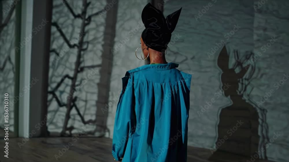 Fashion model exuding confidence in a trendy ensemble of a vibrant blue jacket, olive green top, matching trousers, and a black headscarf in a dimly lit, artistic setting