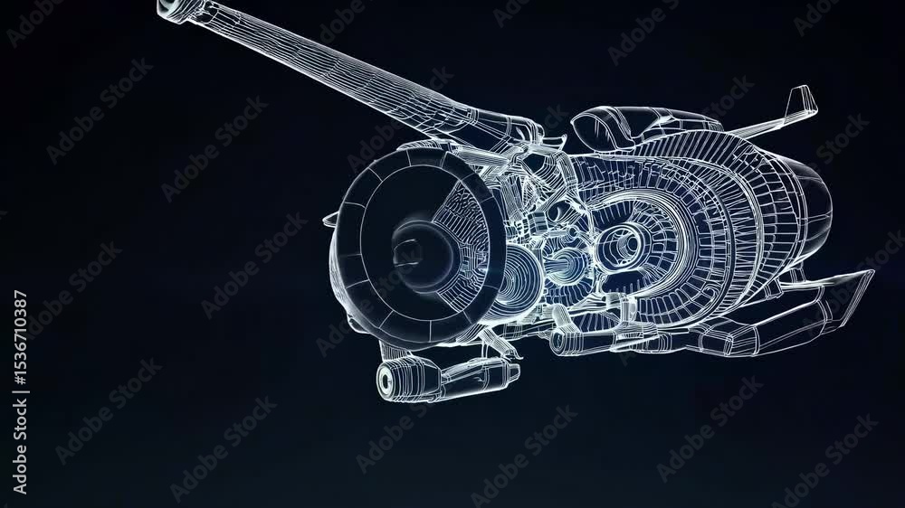 Complex blueprint of a futuristic spaceship engine glowing with intricate details, evoking advanced technology and space exploration in the vast darkness of the cosmos