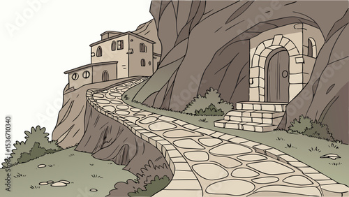 stone pathway winds through hillside town, leading to charming buildings and rocky terrain