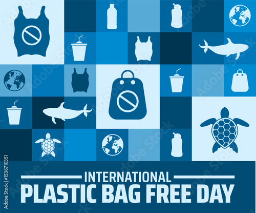 International Plastic Bag Free Day background or banner design. Blue Tiled Background with Icons of Earth, Marine Life, and Plastic Items for Environmental Awareness.