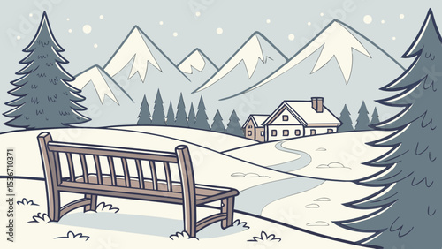 snow dusted wooden bench sits overlooking picturesque winter landscape with mountains and cabin
