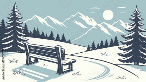 snow dusted wooden bench overlooks stunning mountain landscape under bright sun