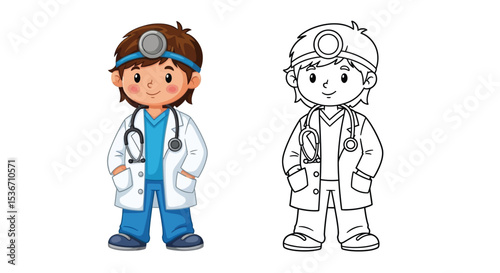 Child Doctor Coloring Page Printable Healthcare Activity Outline and Colored Figures