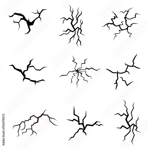 Realistic Crack Fractures and Broken Ground Vector Texture – Damaged Wall or Floor Split Effect on Transparent Background
