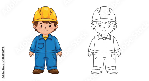Child Engineer Coloring Page with Colored and Outline Uniforms Building Innovation