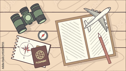 Travel essentials include passport, airplane model, and compass, evoking adventure