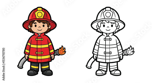 Child Firefighter Coloring Page with Colored and Outline Figures Heroic Rescue Fun