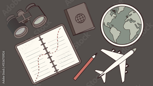 Travel essentials include globe, binoculars, notebook, and airplane, inspiring adventure