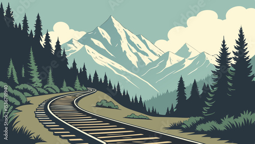 scenic mountain railway track gently curves through lush greenery, inviting adventure
