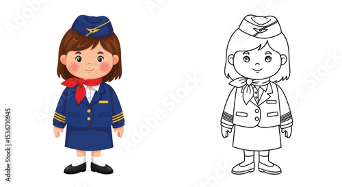 Child Flight Attendant Coloring Page Colored and Outline Figures Aviation Dreams
