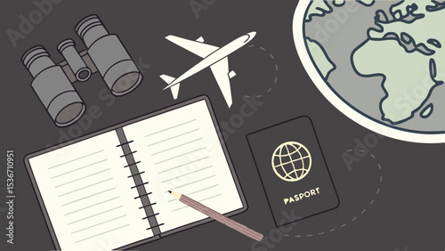 Travel essentials include globe, airplane, binoculars, and passport, inspiring adventure