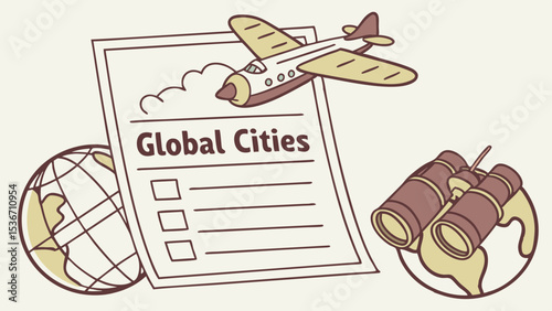 Miniature airplane flies over list of global cities, evoking sense of adventure and exploration