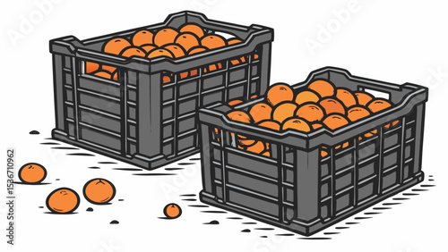 Overflowing black plastic crates filled with vibrant oranges create lively scene