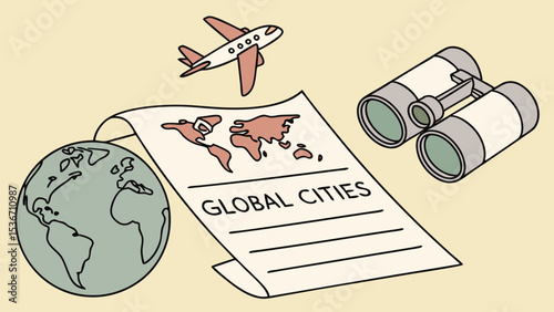 Miniature airplane, globe, binoculars, and list of global cities create travel theme