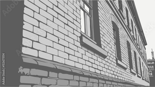 Grayscale image of brick wall, showcasing texture and architectural details