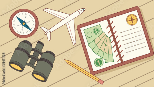 Travel essentials include compass, airplane model, binoculars, and money