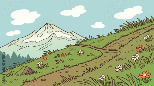 Grassy mountain slope leads eye towards snow capped peak, surrounded by flowers and clouds