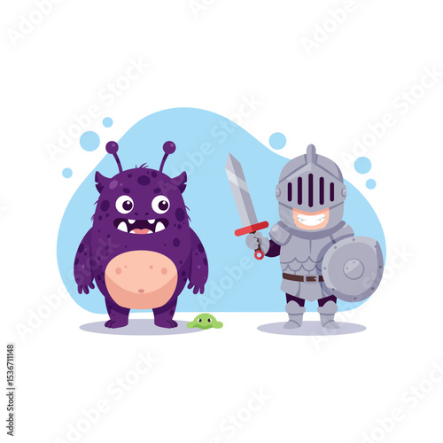 Funny cute little monster and a little knight, flat design vector illustrations
