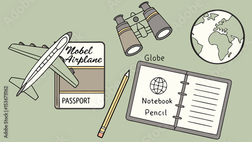 Flat lay image features model airplane, passport, globe, and binoculars, evoking travel