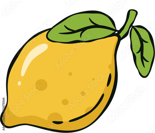 Flat Design Lemon with Leaves Vector Art - for Healthy Food Concepts and Summer Themes, Featuring Bold Outlines and Bright Colors Suitable for Packaging, Posters, and Social Media.