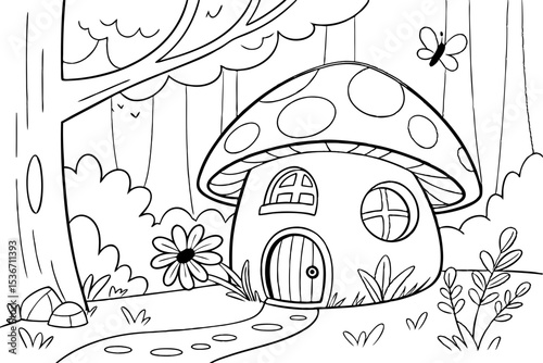 coloring book page of a whimsical mushroom house in the forest, with a round door and windows, surrounded by glowing fireflies and large, simple flowers, clean and thick lines, fantasy theme for kids