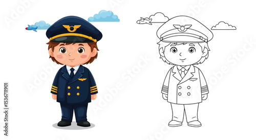 Child Pilot Coloring Page Printable Aviation Activity Outline and Colored Uniforms
